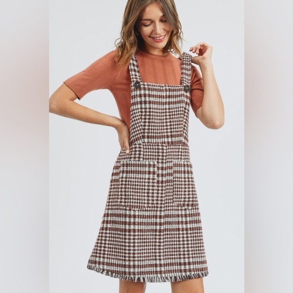 NWT Tea N Rose Brown and White Overall Houndstooth Pinafore Dress Raw Hem - Picture 1 of 12
